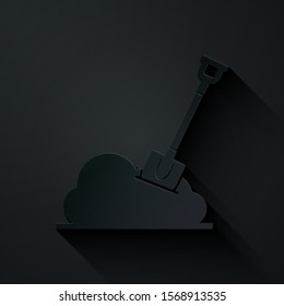 Paper cut Shovel in the ground icon isolated on black background. Gardening tool. Tool for horticulture, agriculture, farming. Paper art style. Vector Illustration
