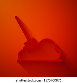 Paper cut Shovel in the ground icon isolated on red background. Gardening tool. Tool for horticulture, agriculture, farming. Paper art style. Vector Illustration