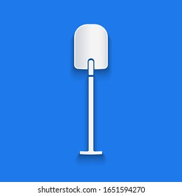 Paper cut Shovel icon isolated on blue background. Gardening tool. Tool for horticulture, agriculture, farming. Paper art style. Vector Illustration