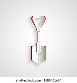 Paper cut Shovel icon isolated on grey background. Gardening tool. Tool for horticulture, agriculture, farming. Paper art style. Vector Illustration