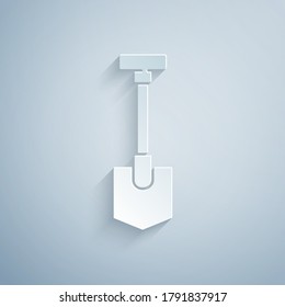 Paper cut Shovel icon isolated on grey background. Gardening tool. Tool for horticulture, agriculture, farming. Paper art style. Vector Illustration