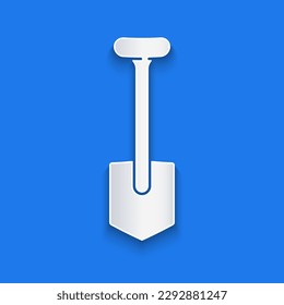 Paper cut Shovel icon isolated on blue background. Gardening tool. Tool for horticulture, agriculture, farming. Paper art style. Vector Illustration