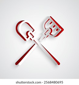 Paper cut Shovel icon isolated on grey background. Gardening tool. Tool for horticulture, agriculture, farming. Paper art style. Vector