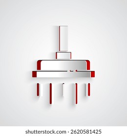 Paper cut Shower head with water drops flowing icon isolated on grey background. Paper art style. Vector