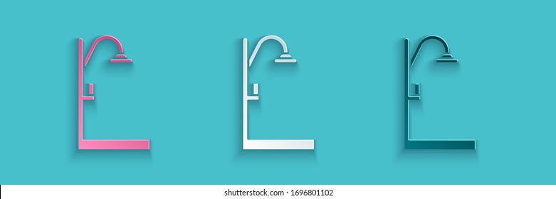 Paper cut Shower icon isolated on blue background. Paper art style. Vector Illustration