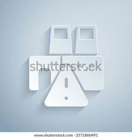Paper cut Shutdown of factory icon isolated on grey background. Industrial building. Paper art style. Vector