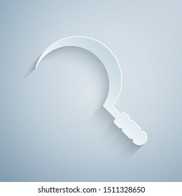 Paper cut Sickle icon isolated on grey background. Reaping hook sign. Paper art style. Vector Illustration