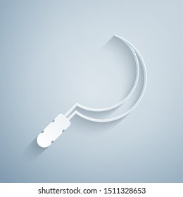 Paper cut Sickle icon isolated on grey background. Reaping hook sign. Paper art style. Vector Illustration