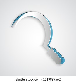 Paper cut Sickle icon isolated on grey background. Reaping hook sign. Paper art style. Vector Illustration