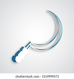 Paper cut Sickle icon isolated on grey background. Reaping hook sign. Paper art style. Vector Illustration