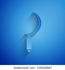 Paper cut Sickle icon isolated on blue background. Reaping hook sign. Paper art style. Vector Illustration