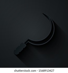 Paper cut Sickle icon isolated on black background. Reaping hook sign. Paper art style. Vector Illustration