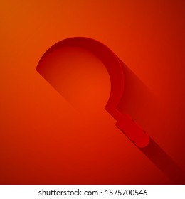 Paper cut Sickle icon isolated on red background. Reaping hook sign. Paper art style. Vector Illustration