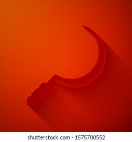 Paper cut Sickle icon isolated on red background. Reaping hook sign. Paper art style. Vector Illustration