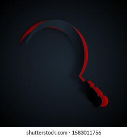 Paper cut Sickle icon isolated on black background. Reaping hook sign. Paper art style. Vector Illustration