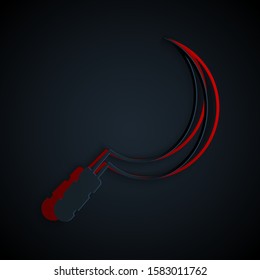 Paper cut Sickle icon isolated on black background. Reaping hook sign. Paper art style. Vector Illustration