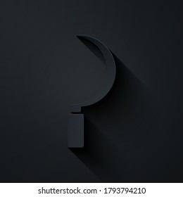 Paper cut Sickle icon isolated on black background. Reaping hook sign. Paper art style. Vector