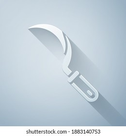 Paper cut Sickle icon isolated on grey background. Reaping hook sign. Paper art style. Vector