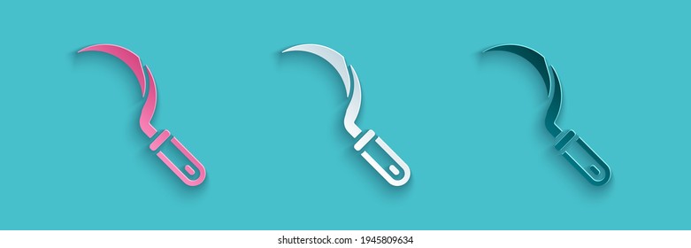 Paper cut Sickle icon isolated on blue background. Reaping hook sign. Paper art style. Vector