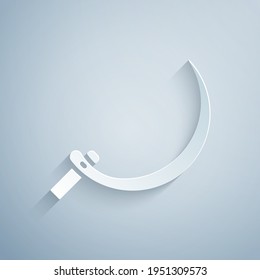 Paper cut Sickle icon isolated on grey background. Reaping hook sign. Paper art style. Vector