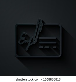 Paper cut Signed document line icon isolated on black background. Pen signing a contract with signature. Edit document sign. Paper art style. Vector Illustration