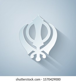 Paper cut Sikhism religion Khanda symbol icon isolated on grey background. Khanda Sikh symbol. Paper art style. Vector Illustration