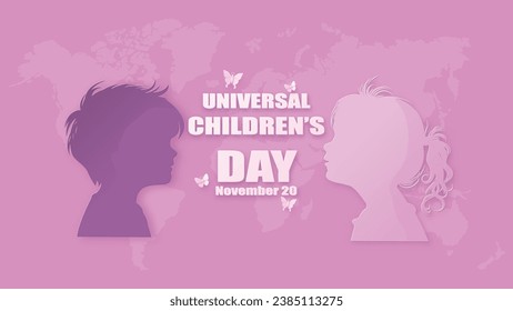 Paper cut silhouette of a girl's face on moon with butterflies for Universal Children’s Day, November 20. Ideal for children's rights, care, and education themes.

