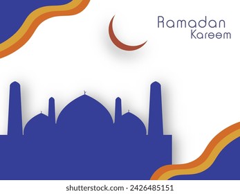 Paper Cut Silhouette Mosque with Crescent Moon on Abstract Wave Background for Ramadan Kareem Greeting Card Design.