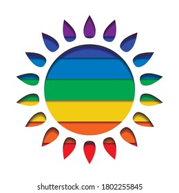 Paper cut silhouettes of the sun with layered rainbow background. Pride month. Shining love to all. Vector cutting object for icons, logos, infographics and your design.