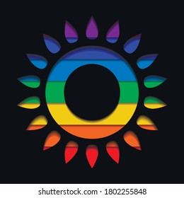 Paper cut silhouettes of the sun with layered rainbow background. Pride month. Shining love to all. Vector cutting object on dark background for icons, logos, infographics and your design.