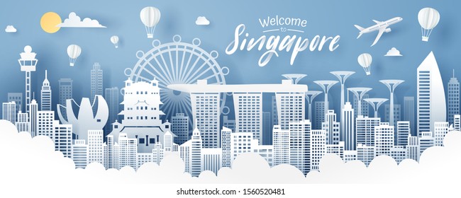 Paper Cut Of Singapore Landmark, Travel And Tourism Concept, Eps 10 Vector.