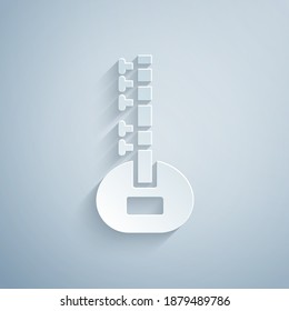 Paper cut Sitar classical music instrument icon isolated on grey background. Paper art style. Vector.