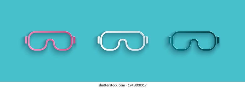 Paper cut Ski goggles icon isolated on blue background. Extreme sport. Sport equipment. Paper art style. Vector