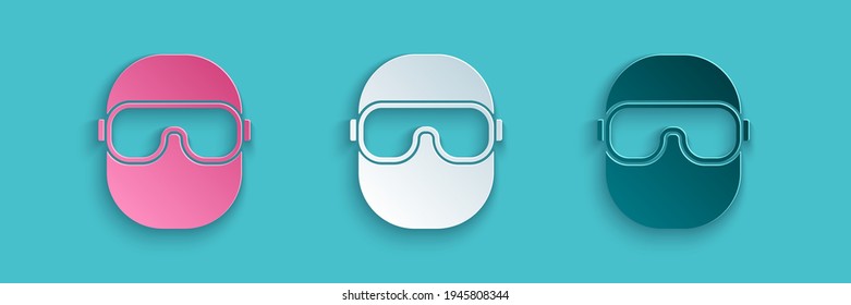 Paper cut Ski goggles icon isolated on blue background. Extreme sport. Sport equipment. Paper art style. Vector