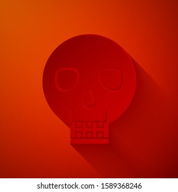 Paper cut Skull icon isolated on red background. Happy Halloween party. Paper art style. Vector Illustration