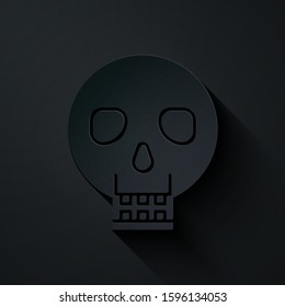 Paper cut Skull icon isolated on black background. Happy Halloween party. Paper art style. Vector Illustration