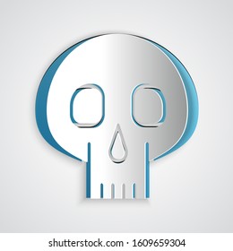 Paper cut Skull icon isolated on grey background. Paper art style. Vector Illustration