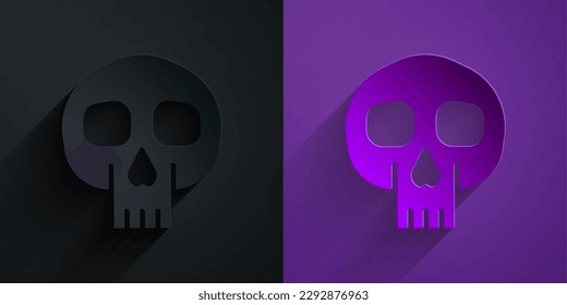 Papierschnitt Schädelsymbol einzeln auf schwarz-violettem Hintergrund. Kunststil aus Papier. Vektorgrafik