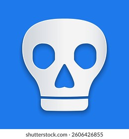 Paper cut Skull icon isolated on blue background. Paper art style. Vector