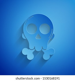 Paper cut Skull on crossbones icon isolated on blue background. Happy Halloween party. Paper art style. Vector Illustration