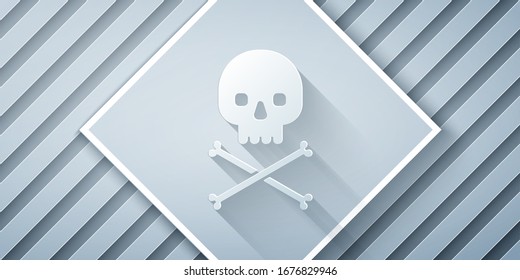 Cortado de papel Calavera en el icono de los huesos cruzados aislado en fondo gris. Estilo de arte de papel.  Ilustración vectorial