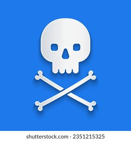 Paper cut Skull on crossbones icon isolated on blue background. Paper art style. Vector Illustration
