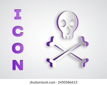Paper cut Skull on crossbones icon isolated on grey background. Happy Halloween party. Paper art style. Vector