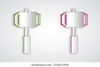 Icono de Sledgehammer cortado en papel aislado sobre fondo gris. Estilo de arte de papel. Vector