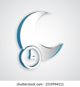 Paper cut Sleeping moon icon isolated on grey background. Paper art style. Vector Illustration