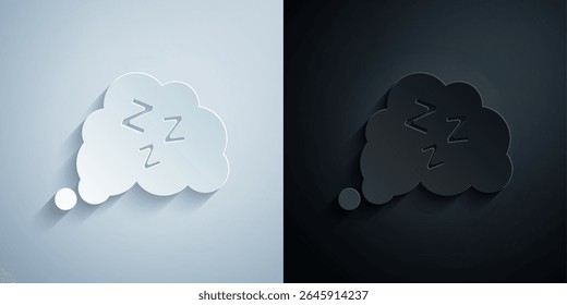 Corte de papel Ícone de sono isolado em fundo cinza e preto. Bolha de conversa de zumbido sonolento. Estilo da arte do papel. Vetor