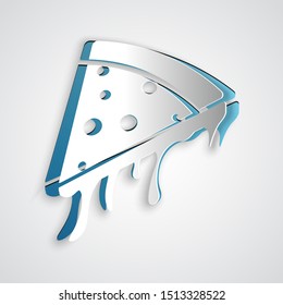 Paper cut Slice of pizza icon isolated on grey background. Paper art style. Vector Illustration