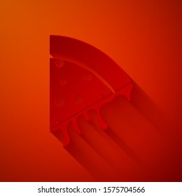 Paper cut Slice of pizza icon isolated on red background. Paper art style. Vector Illustration