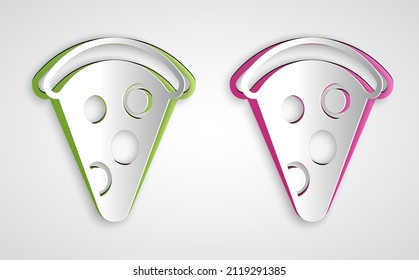Paper cut Slice of pizza icon isolated on grey background. Fast food menu. Paper art style. Vector