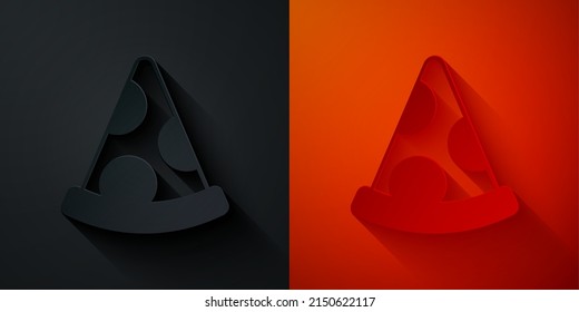 Paper cut Slice of pizza icon isolated on black and red background. Fast food menu. Paper art style. Vector